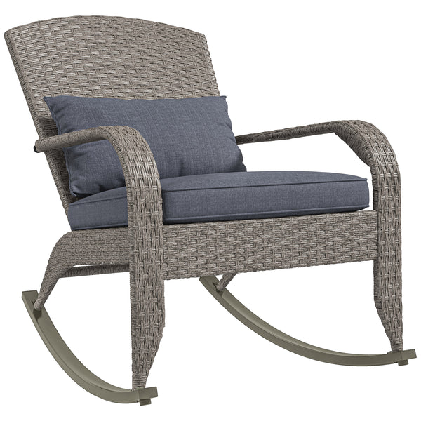 Outdoor Wicker Adirondack Rocking Chair, Patio Rattan Rocker Chair with High Back, Seat Cushion and Pillow for Garden, Porch, Balcony, Grey