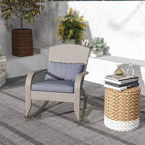 Outdoor Wicker Adirondack Rocking Chair, Patio Rattan Rocker Chair with High Back, Seat Cushion and Pillow for Garden, Porch, Balcony, Grey