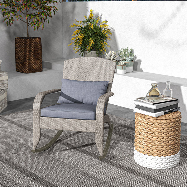 Outdoor Wicker Adirondack Rocking Chair, Patio Rattan Rocker Chair with High Back, Seat Cushion and Pillow for Garden, Porch, Balcony, Grey