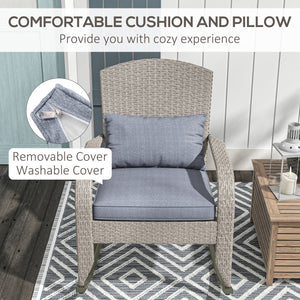 Outdoor Wicker Adirondack Rocking Chair, Patio Rattan Rocker Chair with High Back, Seat Cushion and Pillow for Garden, Porch, Balcony, Grey