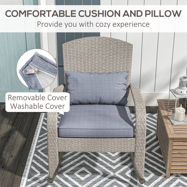 Outdoor Wicker Adirondack Rocking Chair, Patio Rattan Rocker Chair with High Back, Seat Cushion and Pillow for Garden, Porch, Balcony, Grey