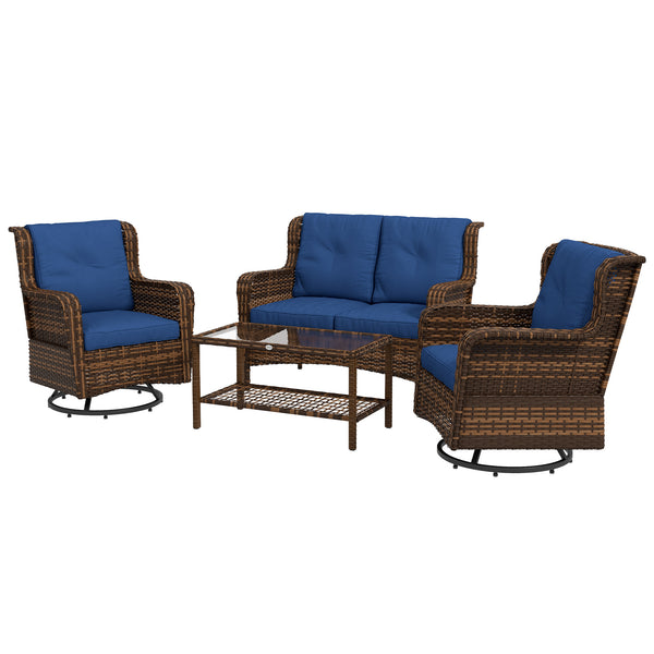 Outsunny 4 Piece PE Rattan Outdoor Patio Furniture Set, Wicker Conversation Set with 2 Swivel Rocking Chairs, 2-Tier Glass Table and Loveseat for Garden, Patio, Poolside, Blue