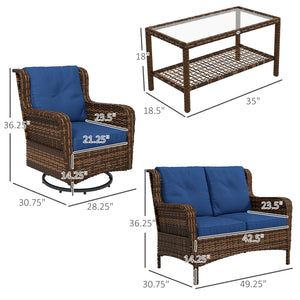 Outsunny 4 Piece PE Rattan Outdoor Patio Furniture Set, Wicker Conversation Set with 2 Swivel Rocking Chairs, 2-Tier Glass Table and Loveseat for Garden, Patio, Poolside, Blue