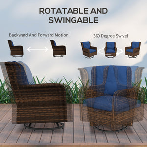 Outsunny 4 Piece PE Rattan Outdoor Patio Furniture Set, Wicker Conversation Set with 2 Swivel Rocking Chairs, 2-Tier Glass Table and Loveseat for Garden, Patio, Poolside, Blue