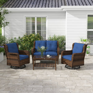 Outsunny 4 Piece PE Rattan Outdoor Patio Furniture Set, Wicker Conversation Set with 2 Swivel Rocking Chairs, 2-Tier Glass Table and Loveseat for Garden, Patio, Poolside, Blue