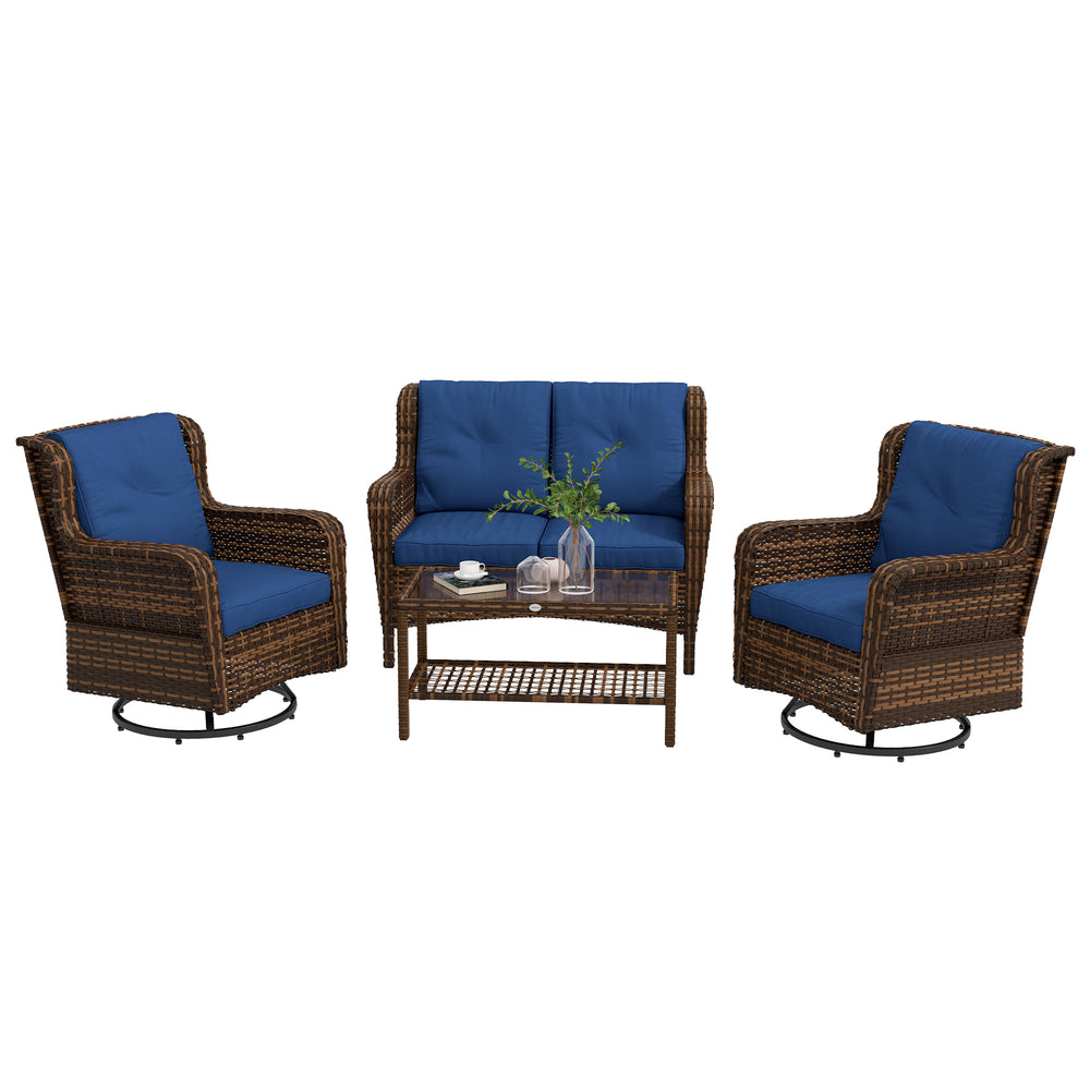 Outsunny 4 Piece PE Rattan Outdoor Patio Furniture Set, Wicker Conversation Set with 2 Swivel Rocking Chairs, 2-Tier Glass Table and Loveseat for Garden, Patio, Poolside, Blue