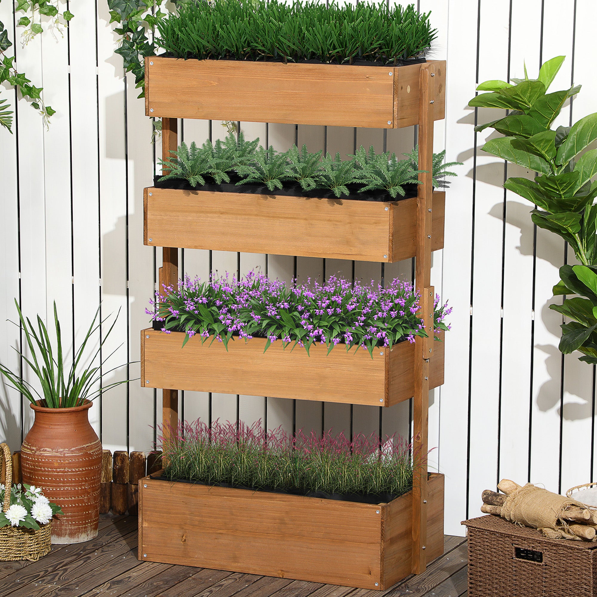 4 planter pot Outsunny Vertical Garden Planter Wooden 4 Tier Self Draining with Fabric for Outdoor Flowers Vegetables Herbs