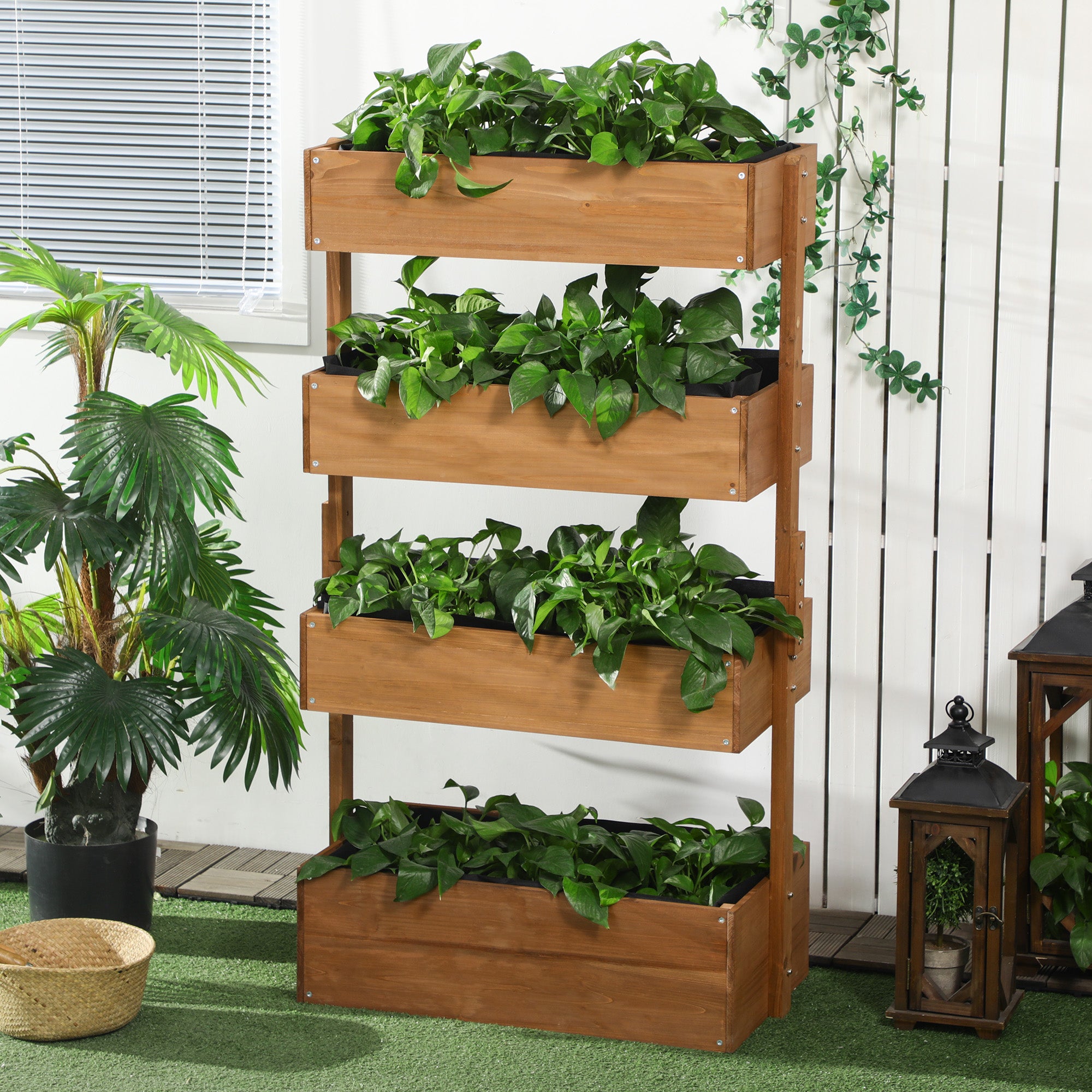 freestanding indoor planter Outsunny 4-Tier Vertical Garden Planter, Wooden Self-Draining Raised Bed for Outdoor Flowers, Vegetables, Herbs