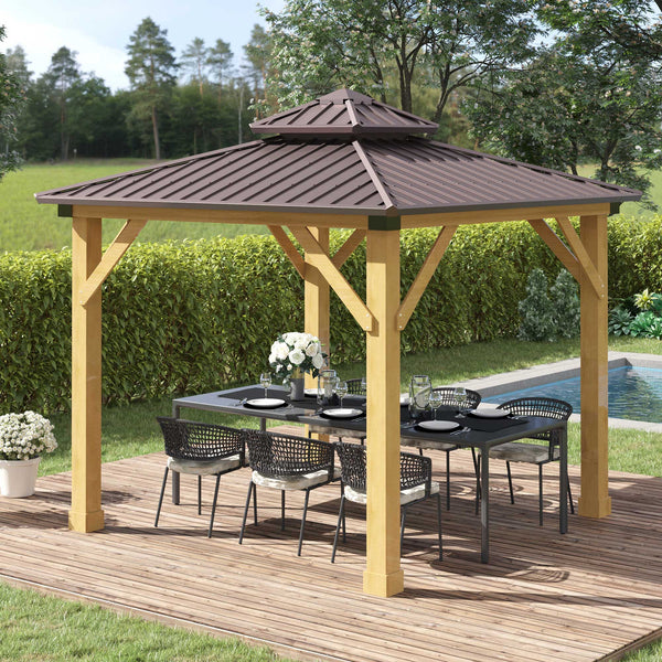 3x(3)M Outdoor Hardtop Gazebo Canopy with 2-Tier Roof and Solid Wood Frame, Outdoor Patio Shelter for Patio, Garden, Brown