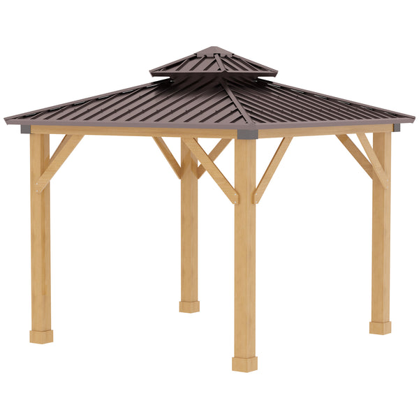 3x(3)M Outdoor Hardtop Gazebo Canopy with 2-Tier Roof and Solid Wood Frame, Outdoor Patio Shelter for Patio, Garden, Brown