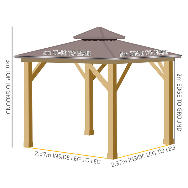 3x(3)M Outdoor Hardtop Gazebo Canopy with 2-Tier Roof and Solid Wood Frame, Outdoor Patio Shelter for Patio, Garden, Brown