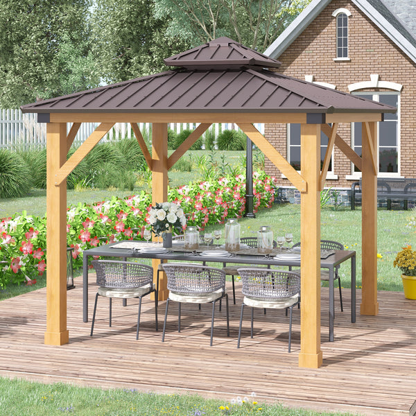 3x(3)M Outdoor Hardtop Gazebo Canopy with 2-Tier Roof and Solid Wood Frame, Outdoor Patio Shelter for Patio, Garden, Brown
