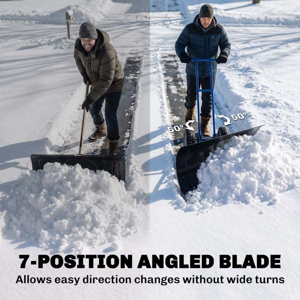 Snow Shovel with Wheels, 29" x 18" Heavy Duty Metal Snow Pusher with 5-Level Adjustable Handle, 7-Angle Blade, Bottom Wear Strip for Driveway, Sidewalks, Garden, Deck, Blue