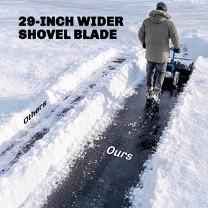 Snow Shovel with Wheels, 29" x 18" Heavy Duty Metal Snow Pusher with 5-Level Adjustable Handle, 7-Angle Blade, Bottom Wear Strip for Driveway, Sidewalks, Garden, Deck, Blue