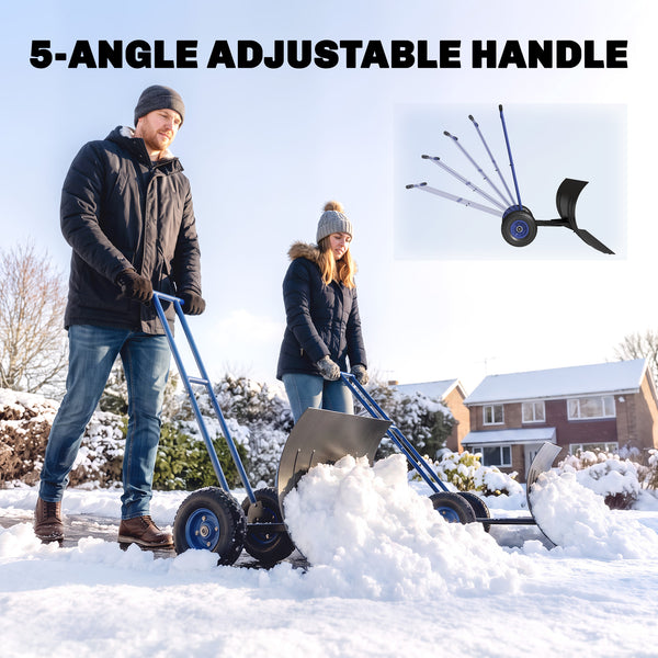 Snow Shovel with Wheels, 29" x 18" Heavy Duty Metal Snow Pusher with 5-Level Adjustable Handle, 7-Angle Blade, Bottom Wear Strip for Driveway, Sidewalks, Garden, Deck, Blue