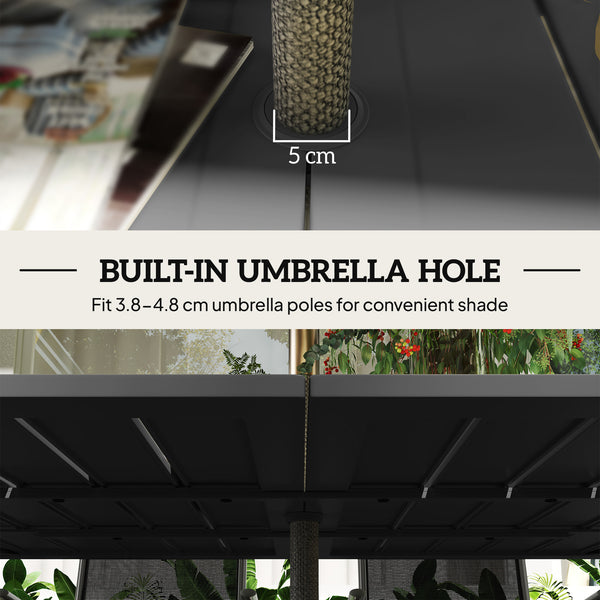 Garden Table with Parasol Hole for 6 Person, Rectangle Outdoor Dining Table with Slatted Metal Tabletop, Steel Frame for Patio, Balcony, 150 x 90 x 73 cm, Black