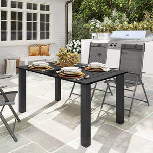 Garden Table with Parasol Hole for 6 Person, Rectangle Outdoor Dining Table with Slatted Metal Tabletop, Steel Frame for Patio, Balcony, 150 x 90 x 73 cm, Black