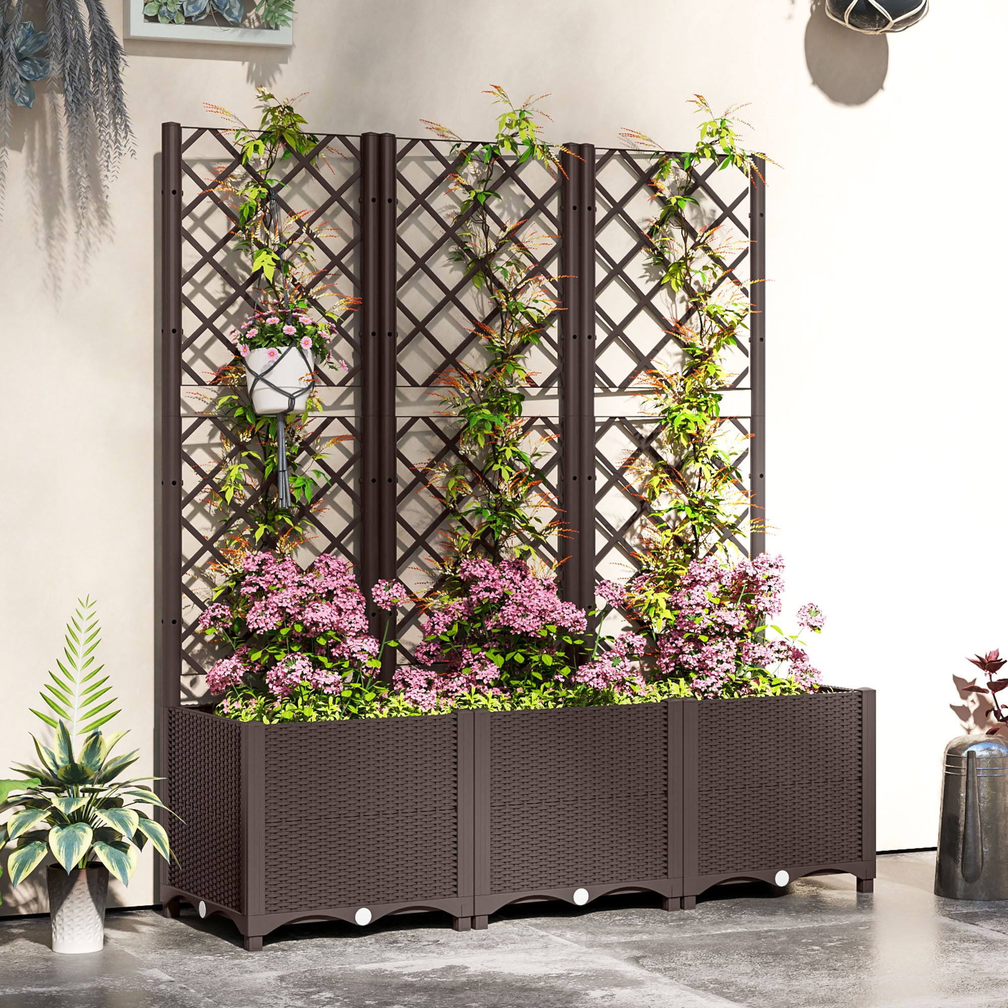 plastic planter box with trellis Outsunny Raised Garden Bed with Trellis, Plastic Planter Box with Drainage Holes and Drain Plugs for Climbing Plants, Vegetables, Flowers, Brown
