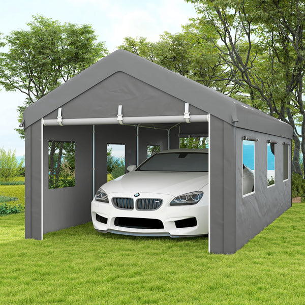 10' x 20' Carport Portable Garage, Heavy Duty Car Port Canopy with 2 Roll-up Doors & 6 Ventilated Windows for Car, Truck, Boat, Garden Tools
