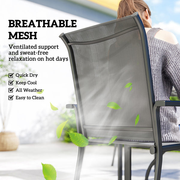 5 Pieces Garden Dining Set for 4, Patio Table and Stackable Chairs with Breathable Mesh Seat and Parasol Hole, Garden Furniture Set with Steel Frame for Garden, Dark Grey