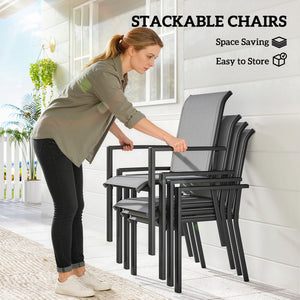 5 Pieces Garden Dining Set for 4, Patio Table and Stackable Chairs with Breathable Mesh Seat and Parasol Hole, Garden Furniture Set with Steel Frame for Garden, Dark Grey