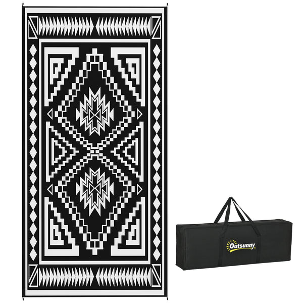 Outsunny Reversible Outdoor Rug, 9' x 18' Waterproof Plastic Straw Floor Mat, Portable RV Camping Carpet, Large Floor Mat for Backyard, Deck, Picnic, Beach, Black & White Square Patchwork