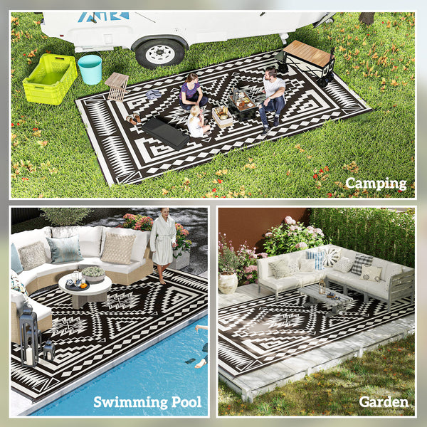 Outsunny Reversible Outdoor Rug, 9' x 18' Waterproof Plastic Straw Floor Mat, Portable RV Camping Carpet, Large Floor Mat for Backyard, Deck, Picnic, Beach, Black & White Square Patchwork