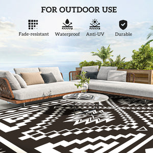 Outsunny Reversible Outdoor Rug, 9' x 18' Waterproof Plastic Straw Floor Mat, Portable RV Camping Carpet, Large Floor Mat for Backyard, Deck, Picnic, Beach, Black & White Square Patchwork