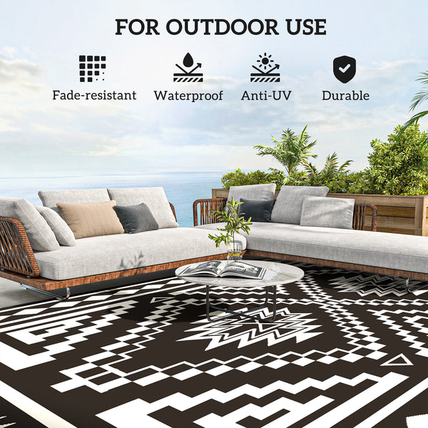 Outsunny Reversible Outdoor Rug, 9' x 18' Waterproof Plastic Straw Floor Mat, Portable RV Camping Carpet, Large Floor Mat for Backyard, Deck, Picnic, Beach, Black & White Square Patchwork