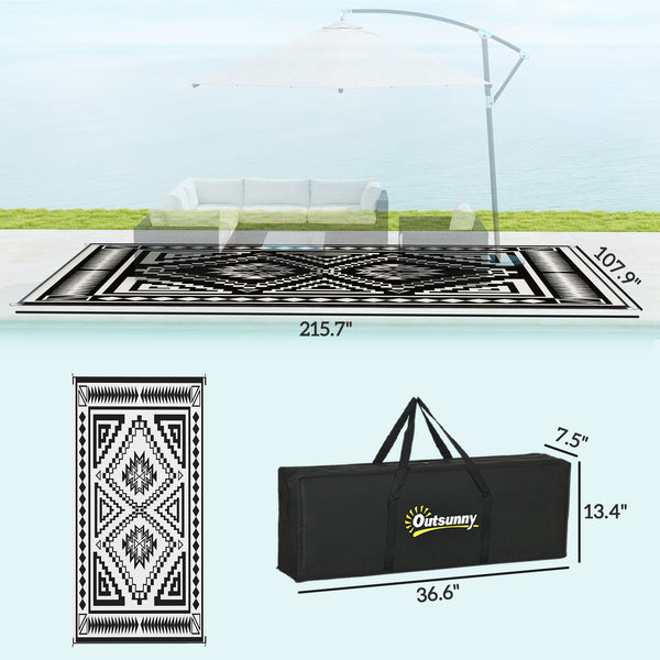 Outsunny Reversible Outdoor Rug, 9' x 18' Waterproof Plastic Straw Floor Mat, Portable RV Camping Carpet, Large Floor Mat for Backyard, Deck, Picnic, Beach, Black & White Square Patchwork