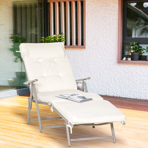 Sun Lounger Steel Frame Outdoor Folding Chaise Texteline Lounge Chair Recliner with Headrest & 7 Levels Adjustable Backrest, Cream White