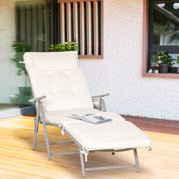 Sun Lounger Steel Frame Outdoor Folding Chaise Texteline Lounge Chair Recliner with Headrest & 7 Levels Adjustable Backrest, Cream White