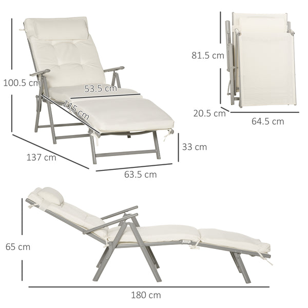 Sun Lounger Steel Frame Outdoor Folding Chaise Texteline Lounge Chair Recliner with Headrest & 7 Levels Adjustable Backrest, Cream White