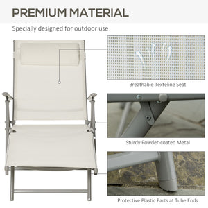 Sun Lounger Steel Frame Outdoor Folding Chaise Texteline Lounge Chair Recliner with Headrest & 7 Levels Adjustable Backrest, Cream White