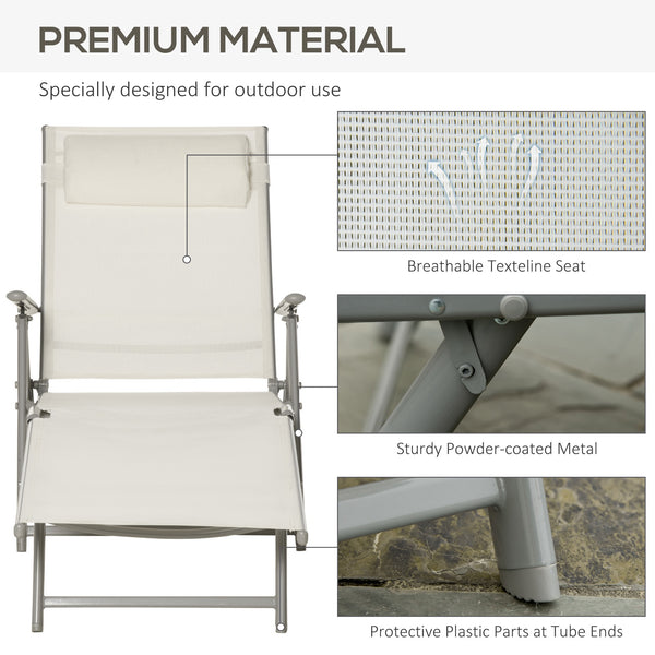 Sun Lounger Steel Frame Outdoor Folding Chaise Texteline Lounge Chair Recliner with Headrest & 7 Levels Adjustable Backrest, Cream White