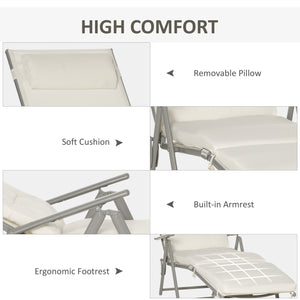 Sun Lounger Steel Frame Outdoor Folding Chaise Texteline Lounge Chair Recliner with Headrest & 7 Levels Adjustable Backrest, Cream White