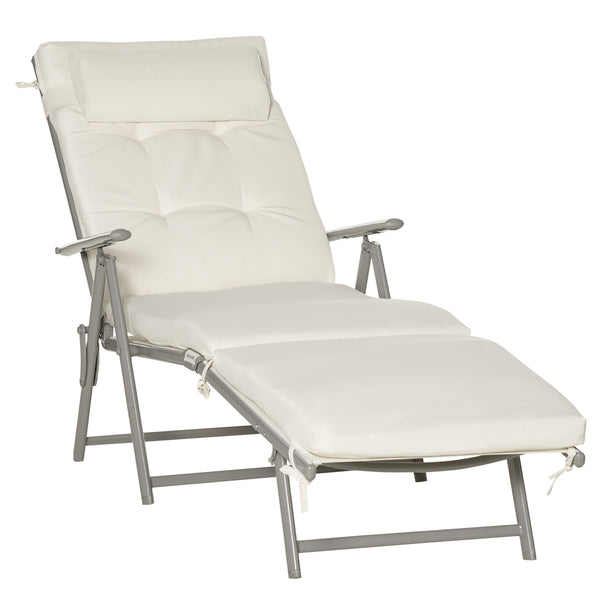 Sun Lounger Steel Frame Outdoor Folding Chaise Texteline Lounge Chair Recliner with Headrest & 7 Levels Adjustable Backrest, Cream White