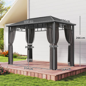 2 x 3.5 m Hardtop Gazebo with Galvanised Steel Roof, Waterproof Permanent Pavilion Garden Gazebo with Netting and Curtains for Patio, Deck, Dark Grey