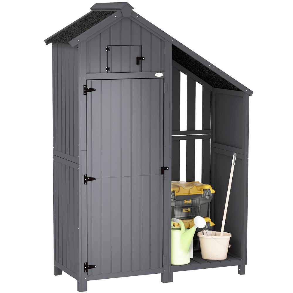 Wooden Garden Storage Shed with 3 Shelves, Outdoor Garden Tool Storage Cabinet with Tilt Roof, Firewood Rack Log Carrier, 129 x 51.5 x 180cm, Grey