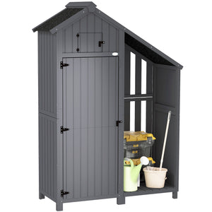 Wooden Garden Storage Shed with 3 Shelves, Outdoor Garden Tool Storage Cabinet with Tilt Roof, Firewood Rack Log Carrier, 129 x 51.5 x 180cm, Grey
