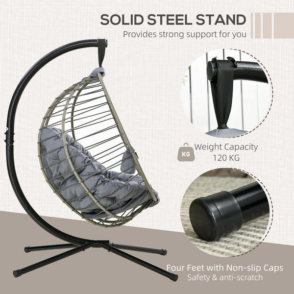 PE Rattan Swing Chair, Outdoor Hanging Chair with Metal Stand, Thick Padded Cushion, Foldable Basket and Cup Holder, for Indoor and Outdoor, Grey