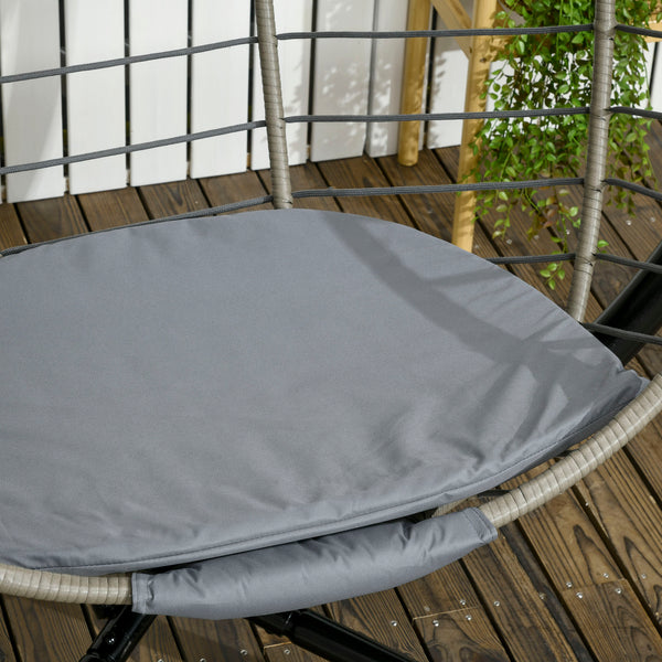 PE Rattan Swing Chair, Outdoor Hanging Chair with Metal Stand, Thick Padded Cushion, Foldable Basket and Cup Holder, for Indoor and Outdoor, Grey