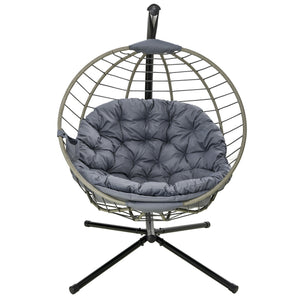 PE Rattan Swing Chair, Outdoor Hanging Chair with Metal Stand, Thick Padded Cushion, Foldable Basket and Cup Holder, for Indoor and Outdoor, Grey