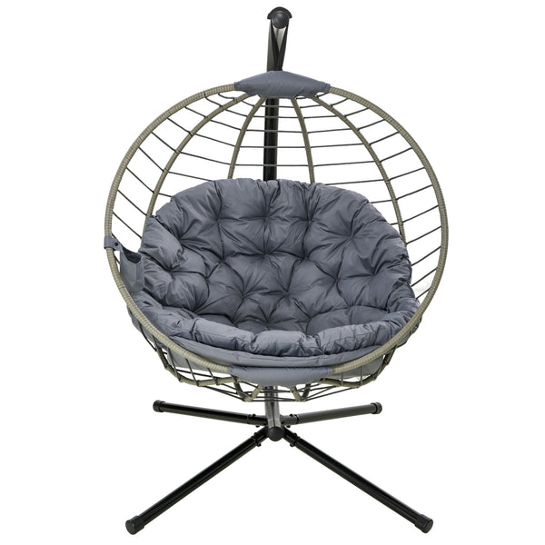 PE Rattan Swing Chair, Outdoor Hanging Chair with Metal Stand, Thick Padded Cushion, Foldable Basket and Cup Holder, for Indoor and Outdoor, Grey