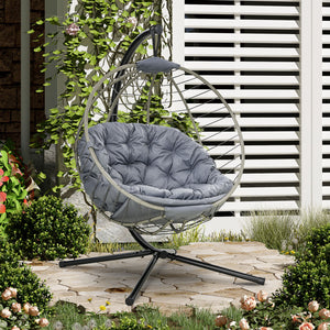 PE Rattan Swing Chair, Outdoor Hanging Chair with Metal Stand, Thick Padded Cushion, Foldable Basket and Cup Holder, for Indoor and Outdoor, Grey