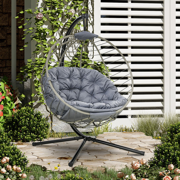 PE Rattan Swing Chair, Outdoor Hanging Chair with Metal Stand, Thick Padded Cushion, Foldable Basket and Cup Holder, for Indoor and Outdoor, Grey
