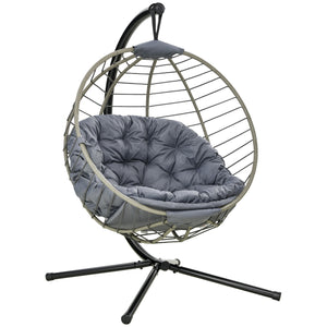 PE Rattan Swing Chair, Outdoor Hanging Chair with Metal Stand, Thick Padded Cushion, Foldable Basket and Cup Holder, for Indoor and Outdoor, Grey