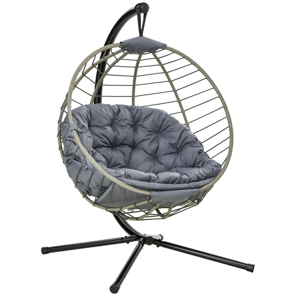 PE Rattan Swing Chair, Outdoor Hanging Chair with Metal Stand, Thick Padded Cushion, Foldable Basket and Cup Holder, for Indoor and Outdoor, Grey