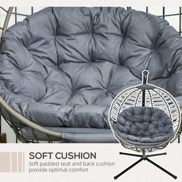 PE Rattan Swing Chair, Outdoor Hanging Chair with Metal Stand, Thick Padded Cushion, Foldable Basket and Cup Holder, for Indoor and Outdoor, Grey