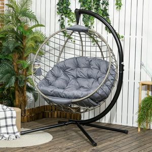 PE Rattan Swing Chair, Outdoor Hanging Chair with Metal Stand, Thick Padded Cushion, Foldable Basket and Cup Holder, for Indoor and Outdoor, Grey